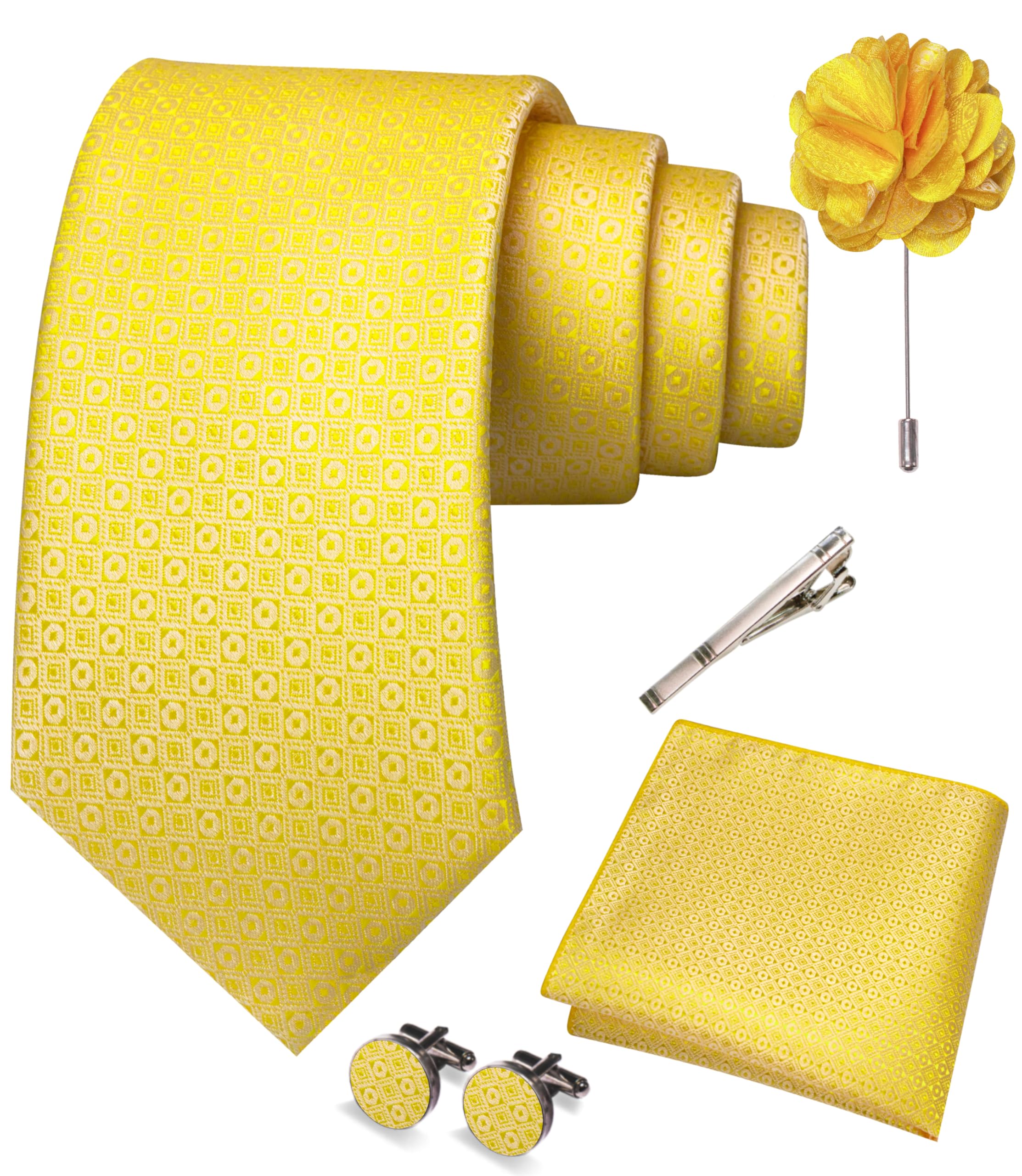 JEMYGINS Mens Tie and Pocket Square,Lapel Pin,Cufflinks,Tie Clip Sets with Gift Box 5PCS
