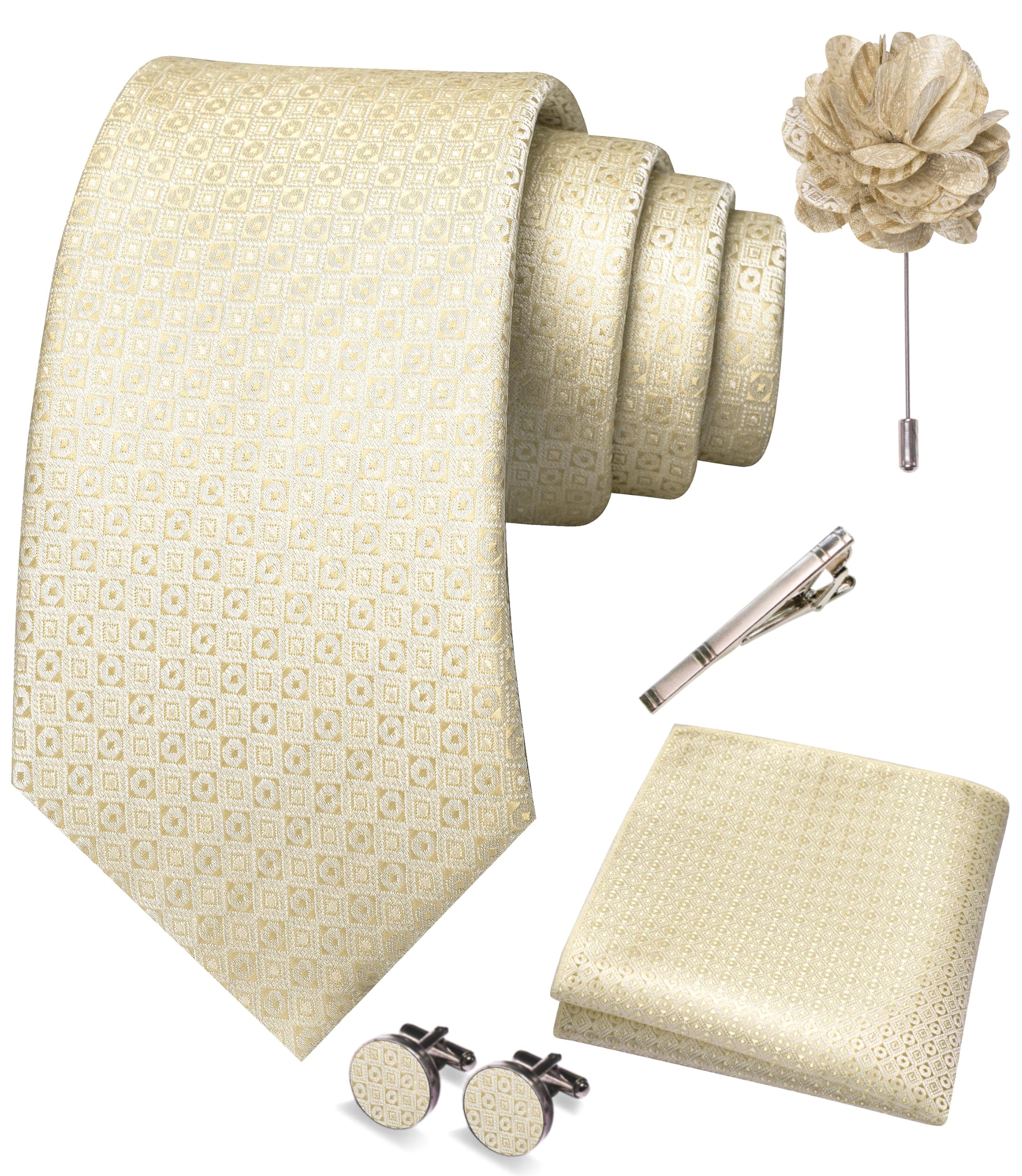 JEMYGINS Mens Tie and Pocket Square,Lapel Pin,Cufflinks,Tie Clip Sets with Gift Box 5PCS