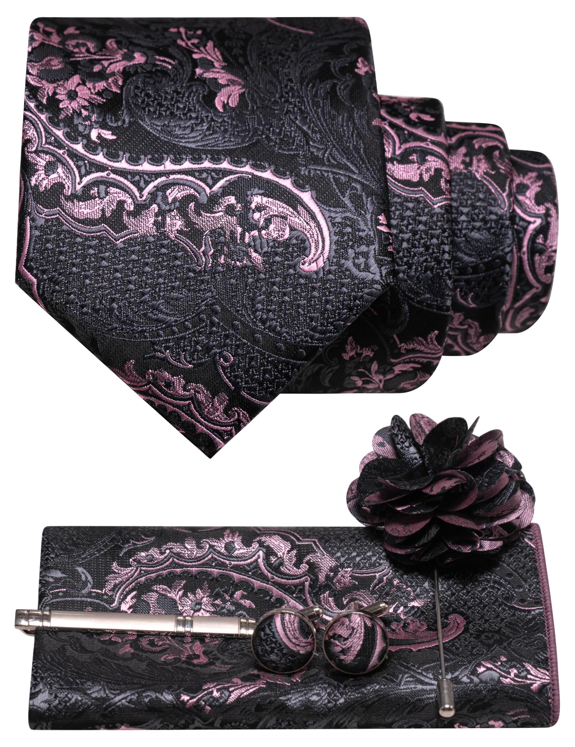 JEMYGINS Mens Tie and Pocket Square,Lapel Pin,Cufflinks,Tie Clip Sets with Gift Box 5PCS