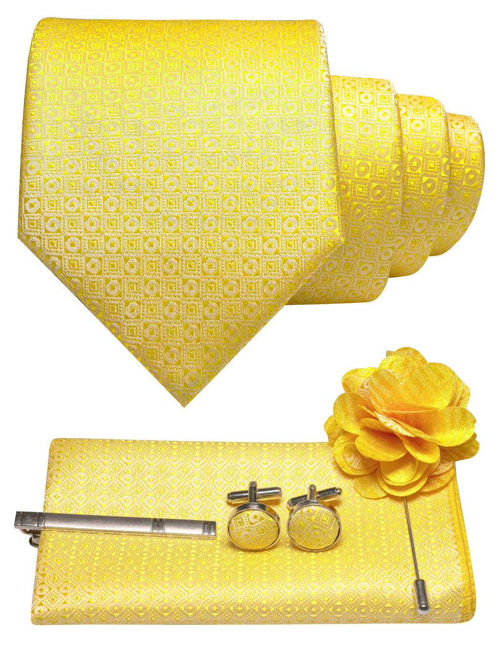 JEMYGINS Mens Tie and Pocket Square,Lapel Pin,Cufflinks,Tie Clip Sets with Gift Box 5PCS