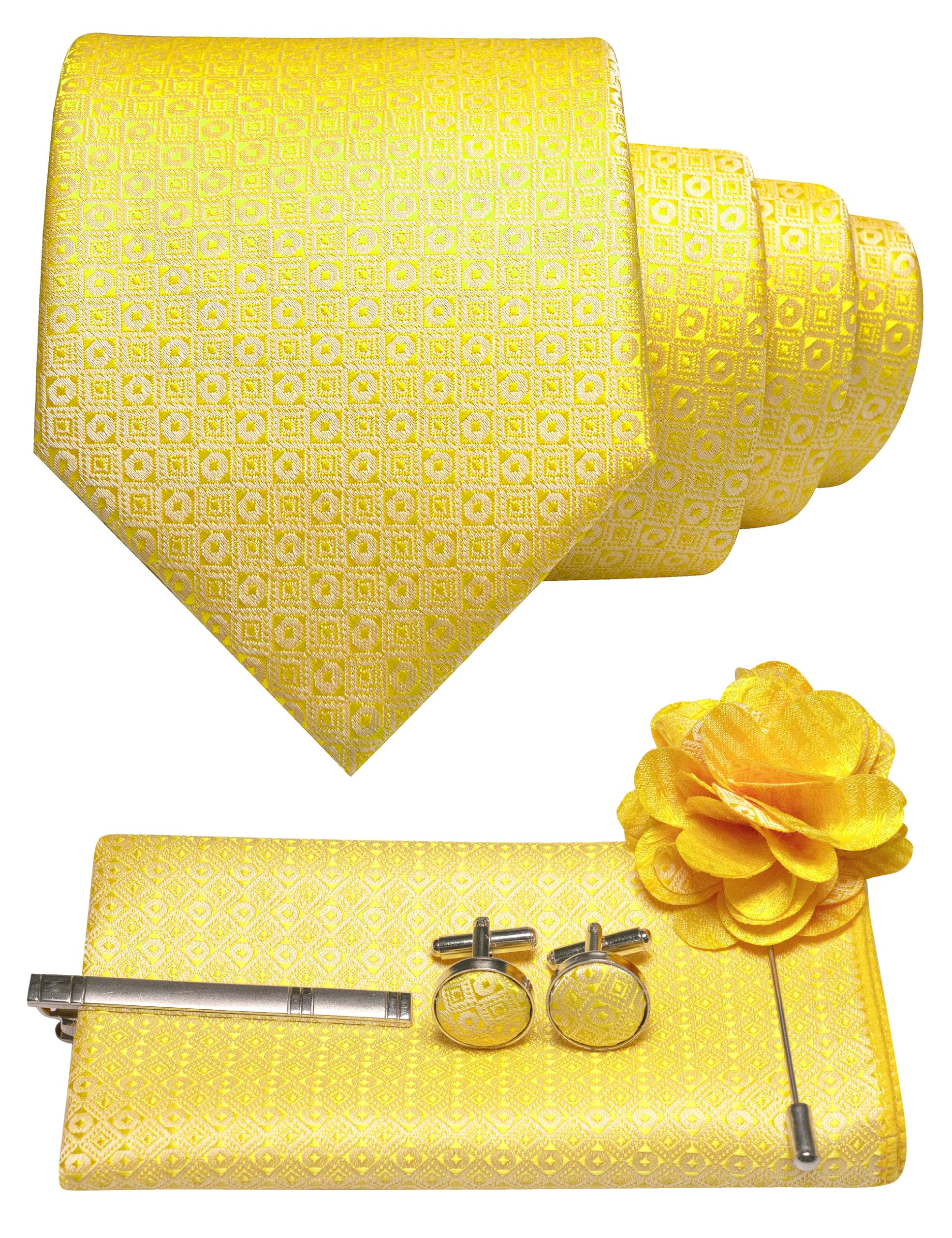 JEMYGINS Mens Tie and Pocket Square,Lapel Pin,Cufflinks,Tie Clip Sets with Gift Box 5PCS