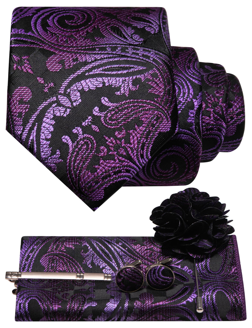 JEMYGINS Mens Tie and Pocket Square,Lapel Pin,Cufflinks,Tie Clip Sets with Gift Box 5PCS