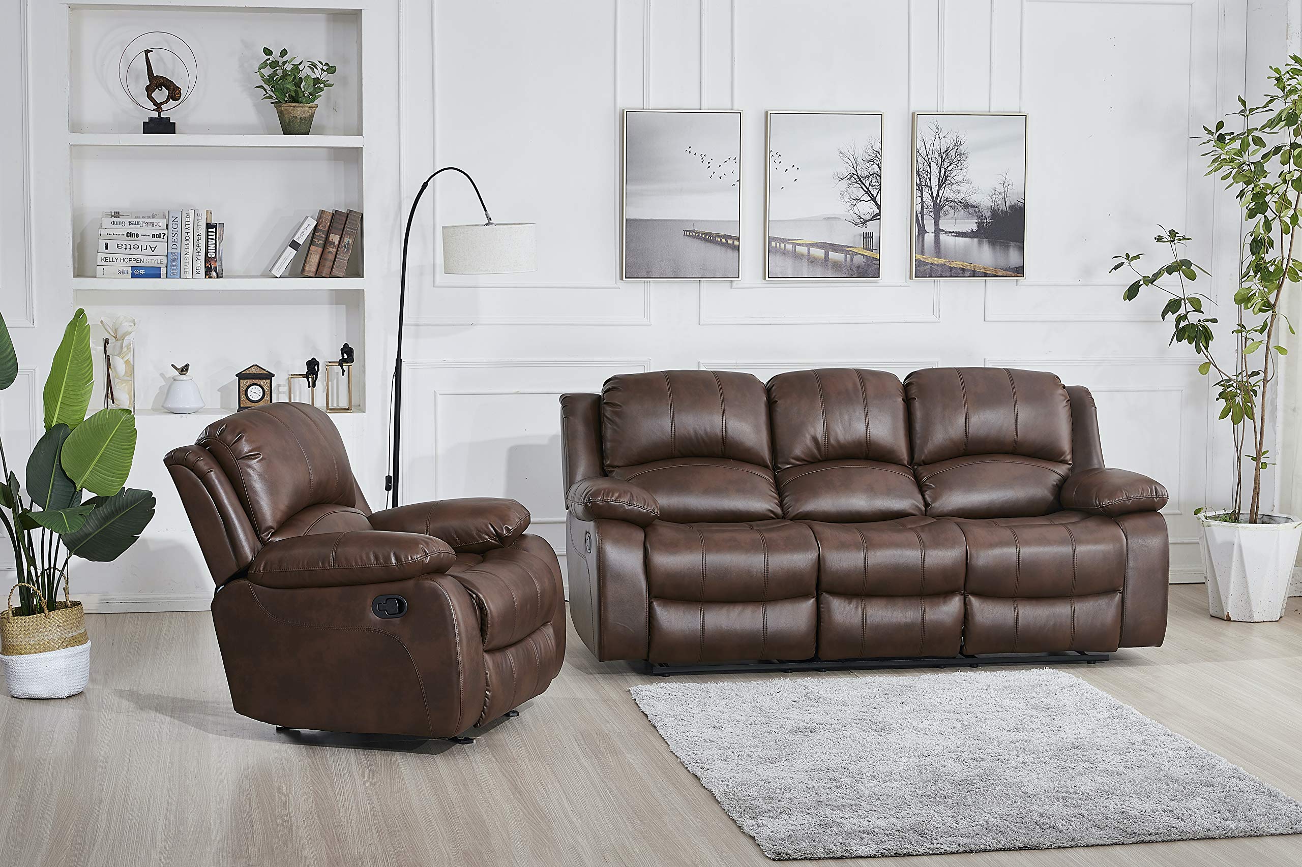 Betsy Furniture 3PC Faux Leather Reclining Couch Set, Living Room Furniture Set, Sofa, Loveseat, Glider, 8018 Multiple Colors (Gray, Sofa+Loveseat+Chair) | 8018