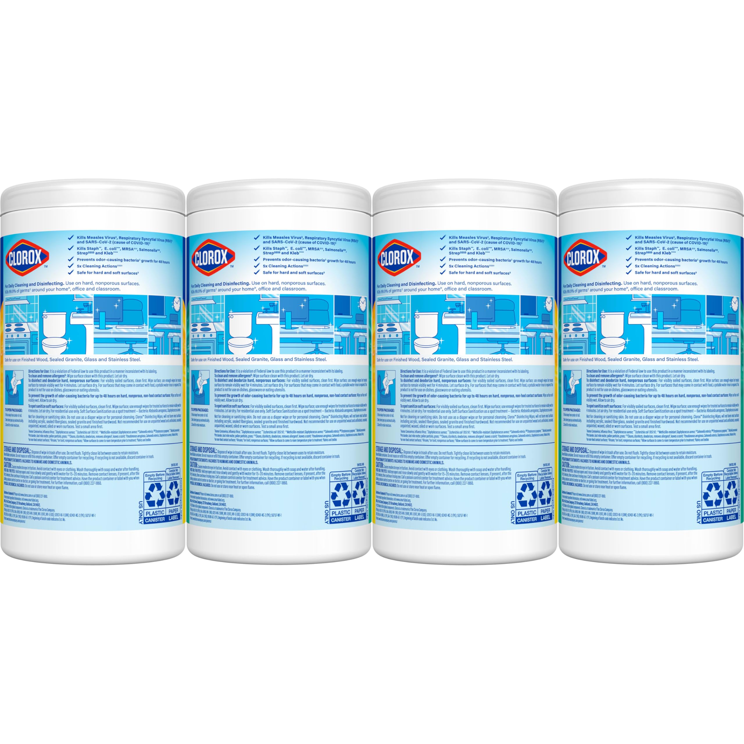 Clorox Disinfecting Cleaning Wipes for Spring Cleaning & Allergy Season, Bleach Free, Fresh Scent and Crisp Lemon, 75 Count Each, Pack of 4