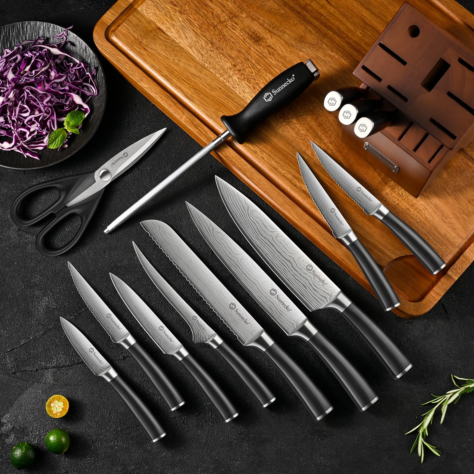 Sunnecko Knife Set with Block and Sharpener, 15 Piece Kitchen Knife Block Set Sharp Kitchen Knives High Carbon Stainless Steel with White Handles