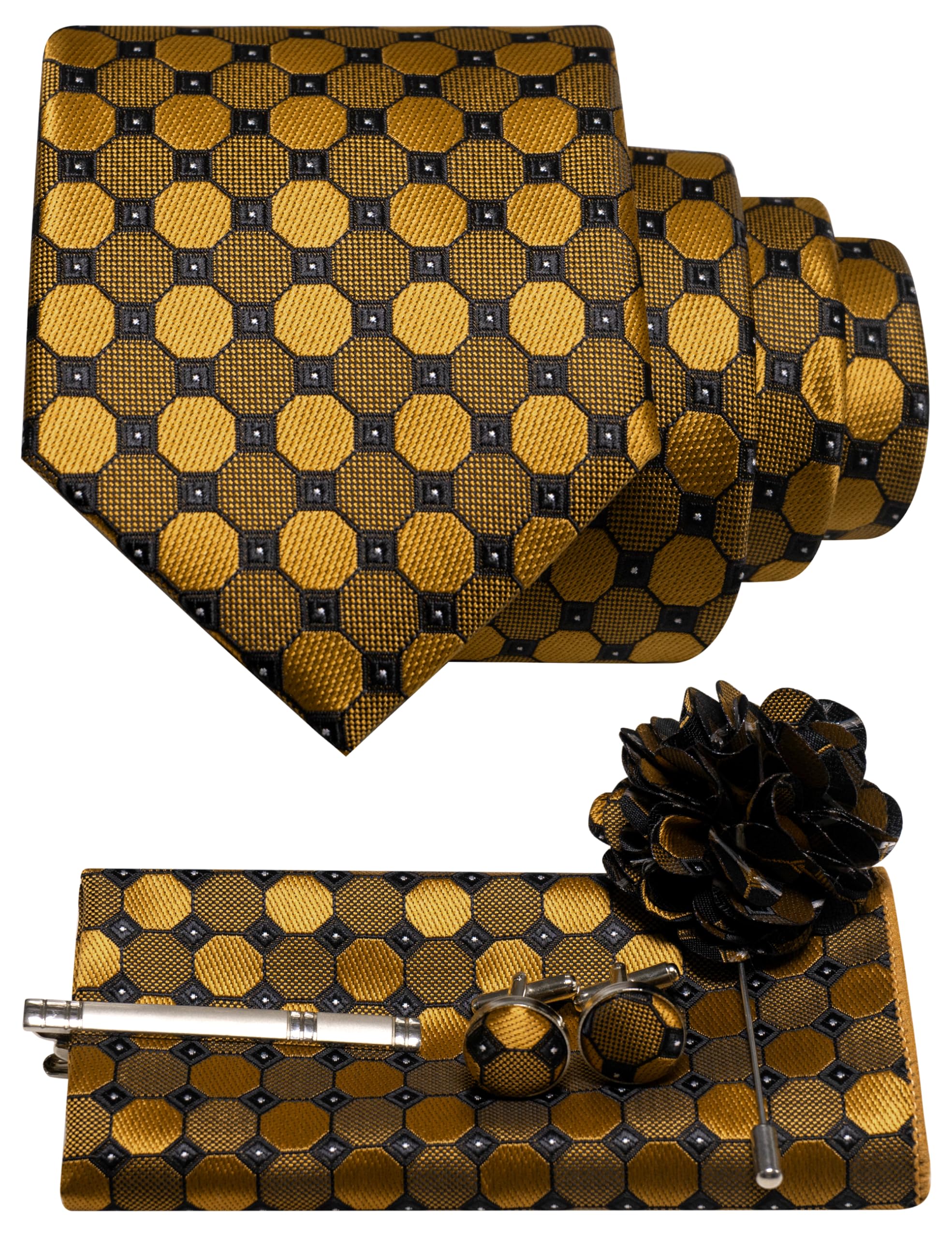 JEMYGINS Mens Tie and Pocket Square,Lapel Pin,Cufflinks,Tie Clip Sets with Gift Box 5PCS