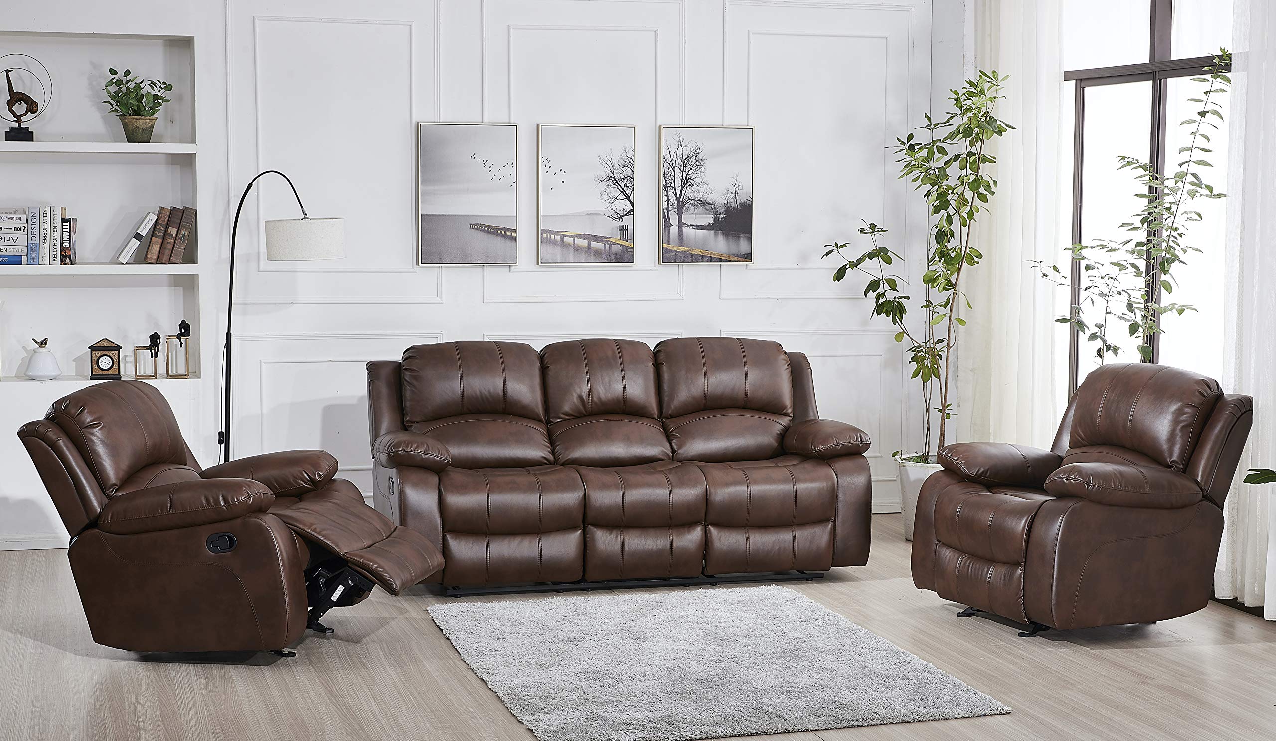 Betsy Furniture 3PC Faux Leather Reclining Couch Set, Living Room Furniture Set, Sofa, Loveseat, Glider, 8018 Multiple Colors (Gray, Sofa+Loveseat+Chair) | 8018