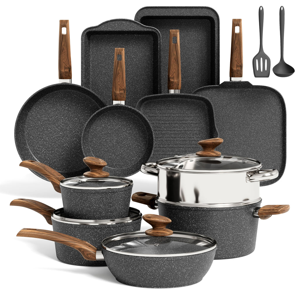 Kitchen Induction Cookware & Bakeware Set - 30 Piece Black Granite Cooking Pans Set, Non-Stick Pots and Pans Set