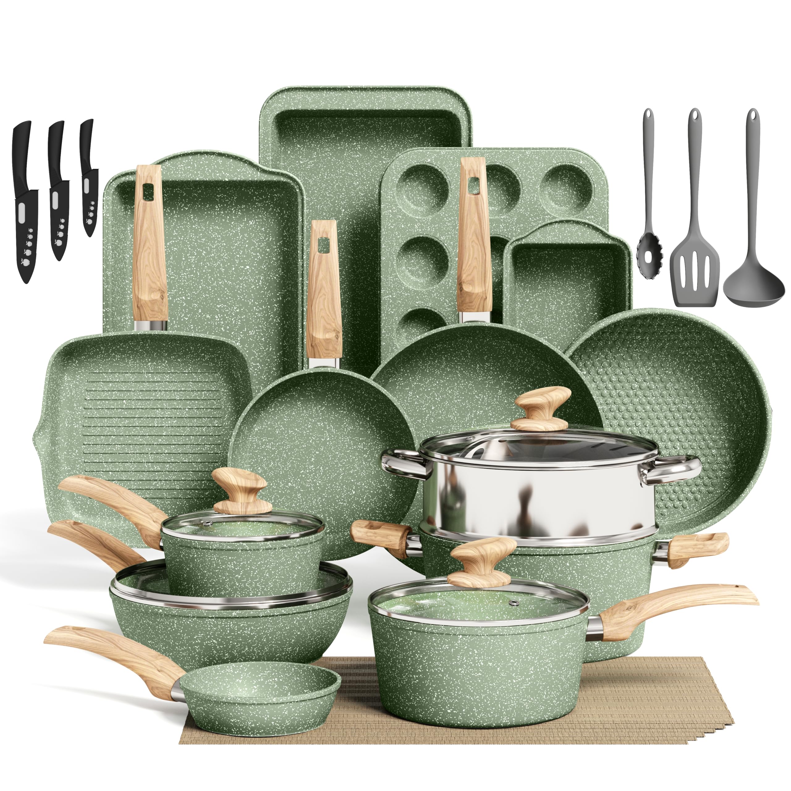 Kitchen Induction Cookware & Bakeware Set - 30 Piece Black Granite Cooking Pans Set, Non-Stick Pots and Pans Set