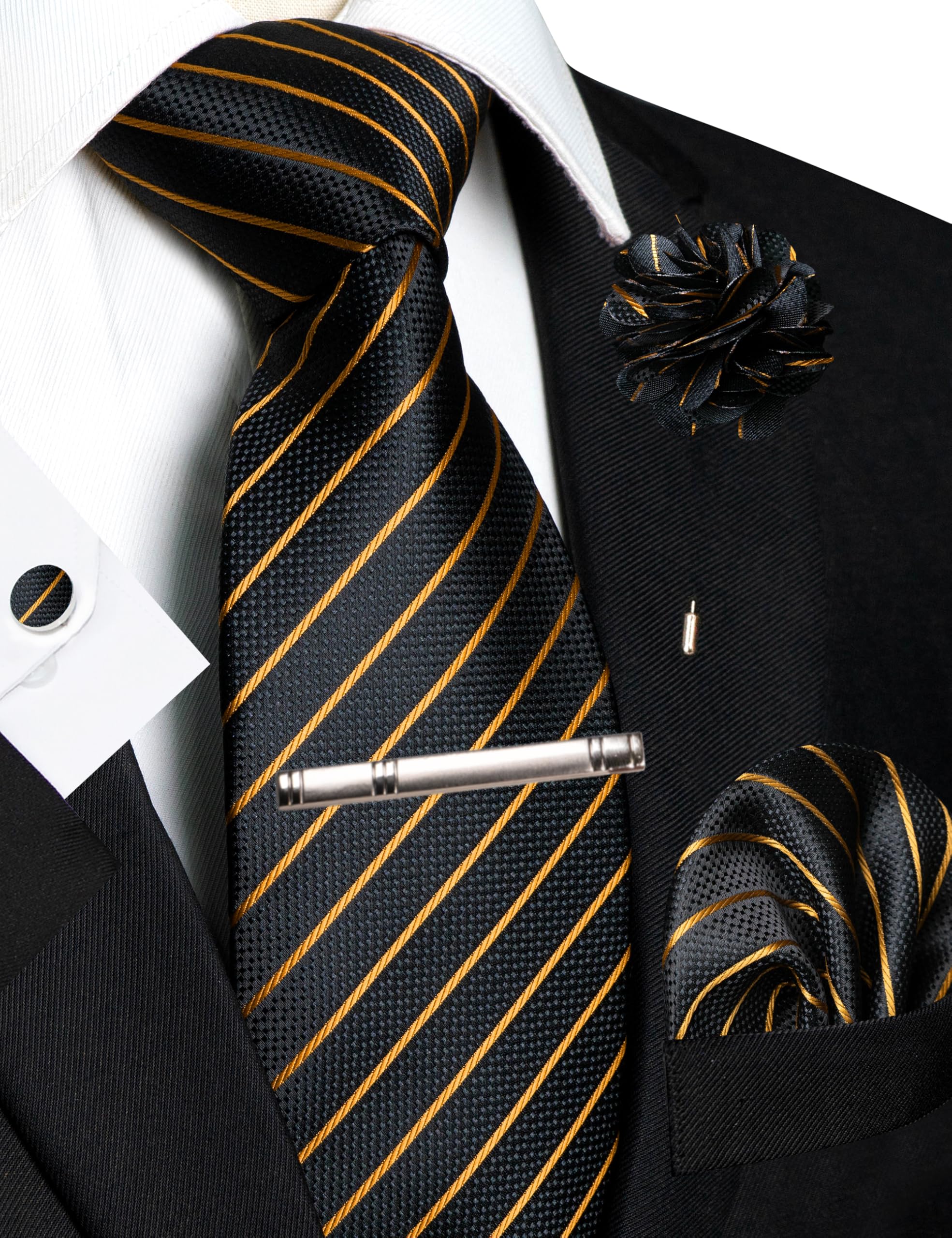 JEMYGINS Mens Tie and Pocket Square,Lapel Pin,Cufflinks,Tie Clip Sets with Gift Box 5PCS