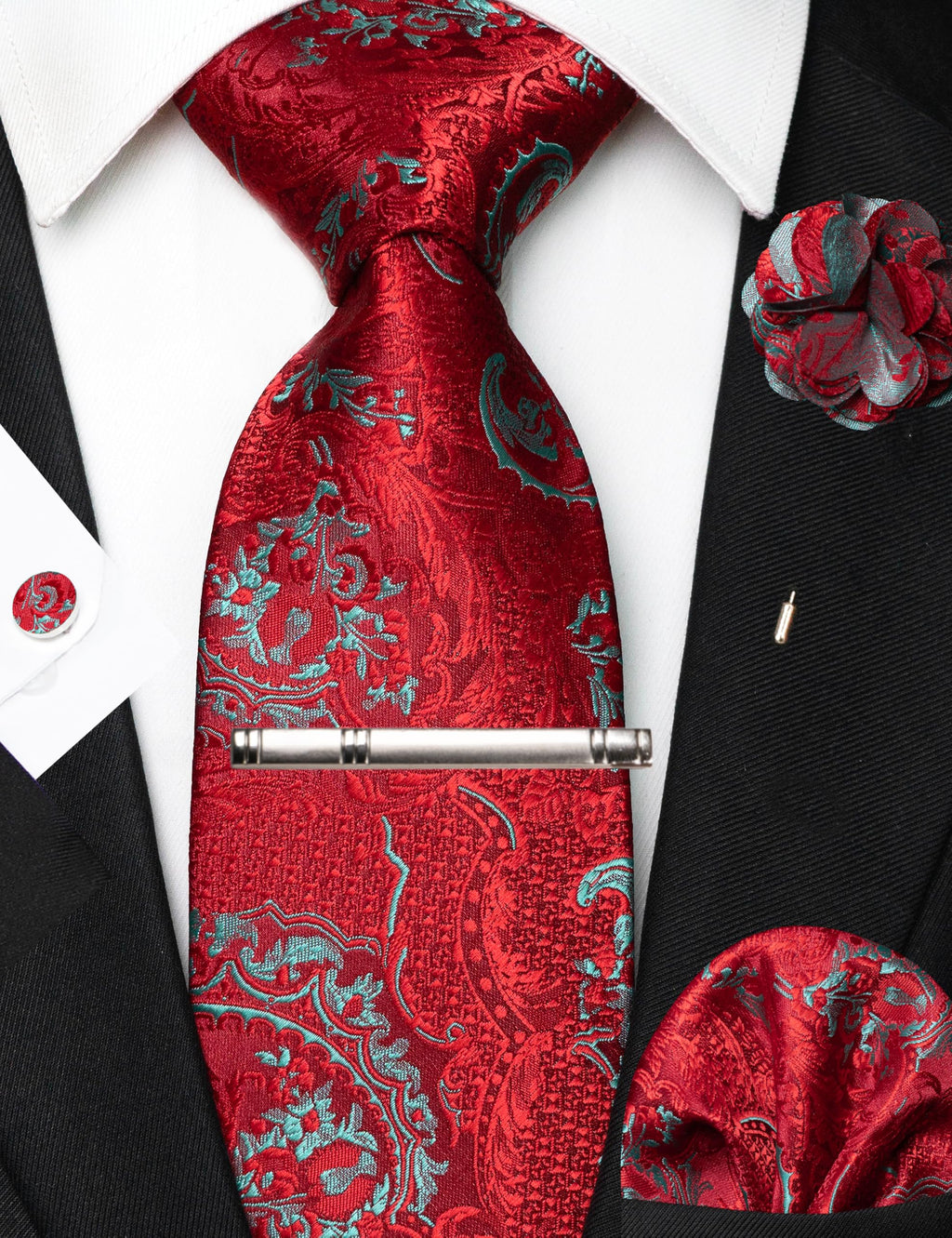 JEMYGINS Mens Tie and Pocket Square,Lapel Pin,Cufflinks,Tie Clip Sets with Gift Box 5PCS