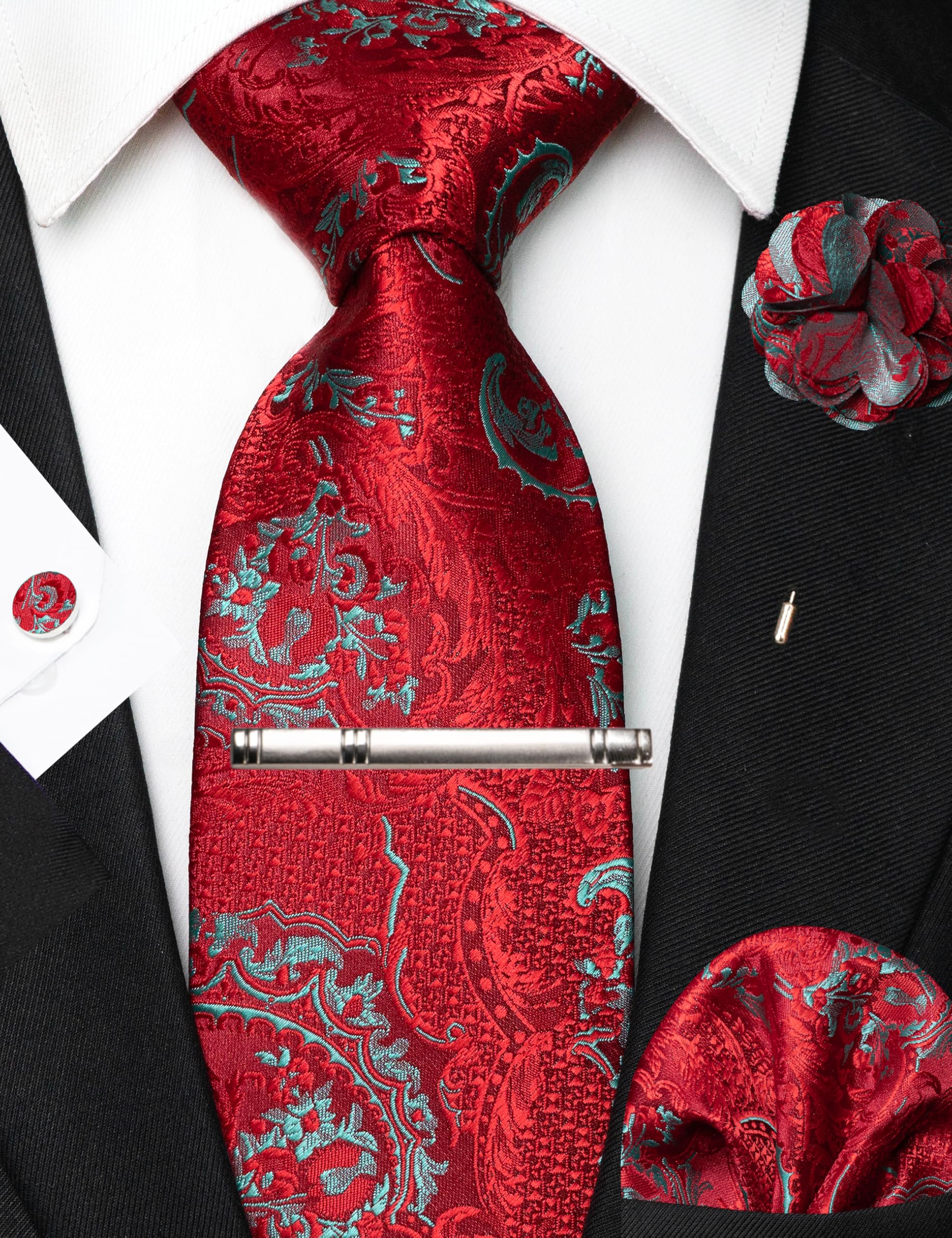 JEMYGINS Mens Tie and Pocket Square,Lapel Pin,Cufflinks,Tie Clip Sets with Gift Box 5PCS