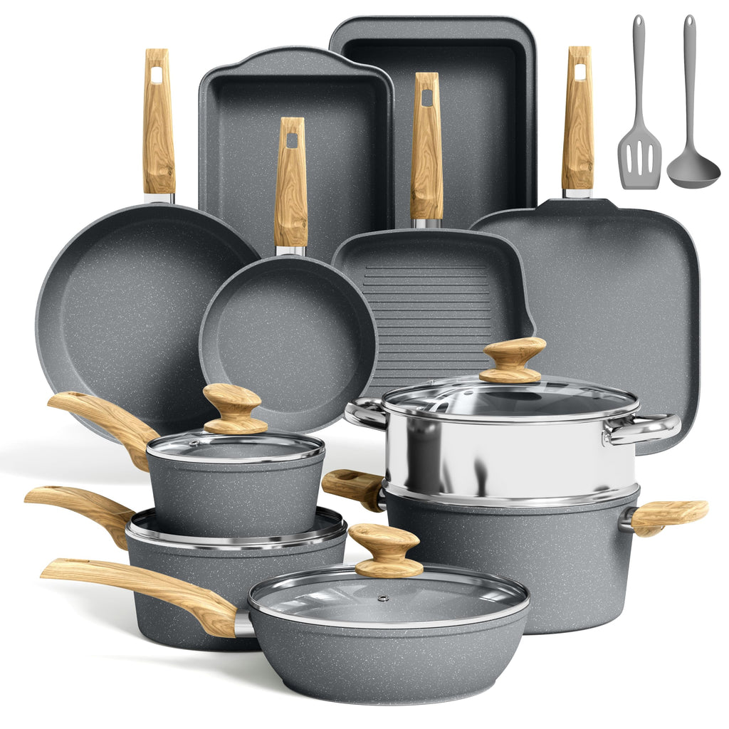 Kitchen Induction Cookware & Bakeware Set - 30 Piece Black Granite Cooking Pans Set, Non-Stick Pots and Pans Set