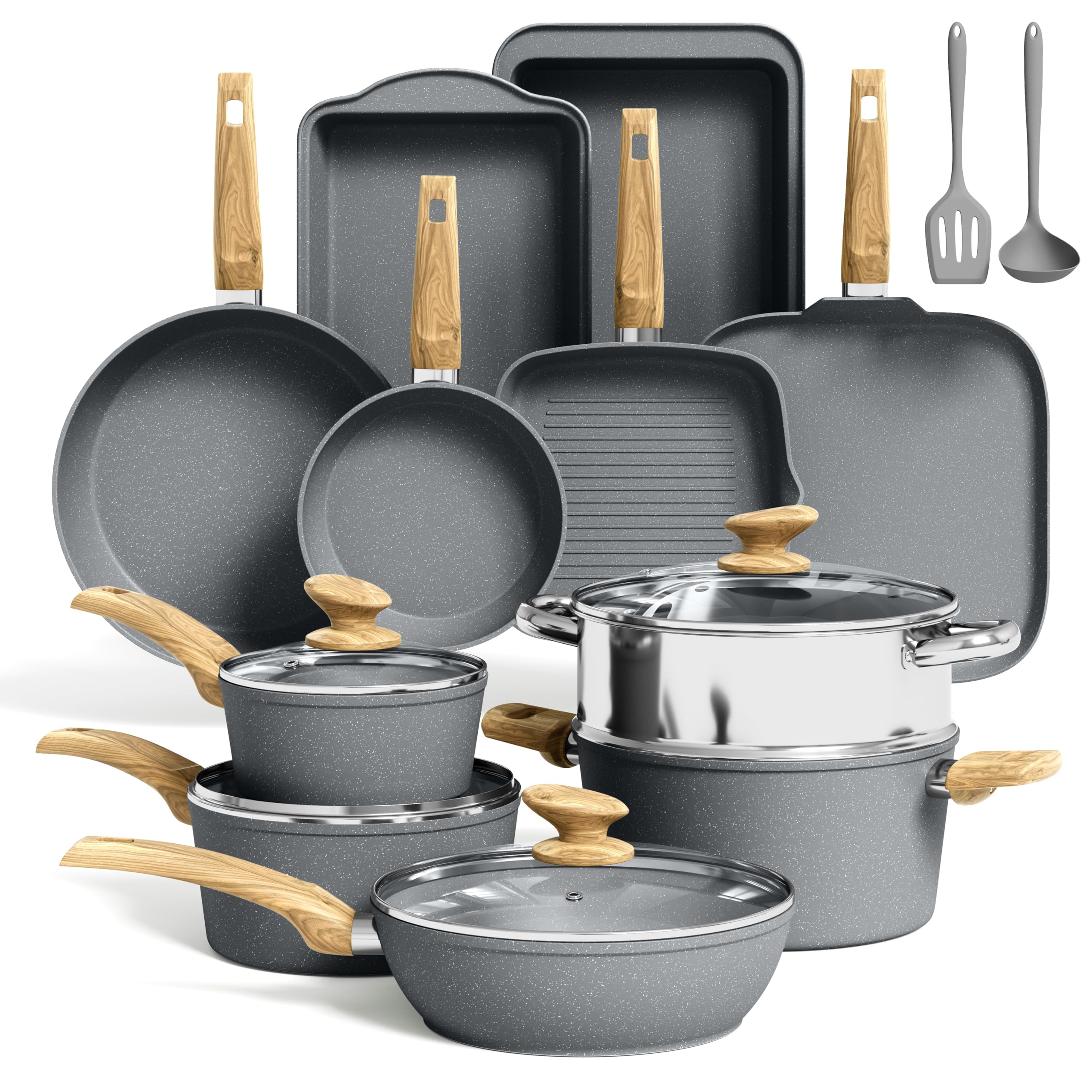 Kitchen Induction Cookware & Bakeware Set - 30 Piece Black Granite Cooking Pans Set, Non-Stick Pots and Pans Set