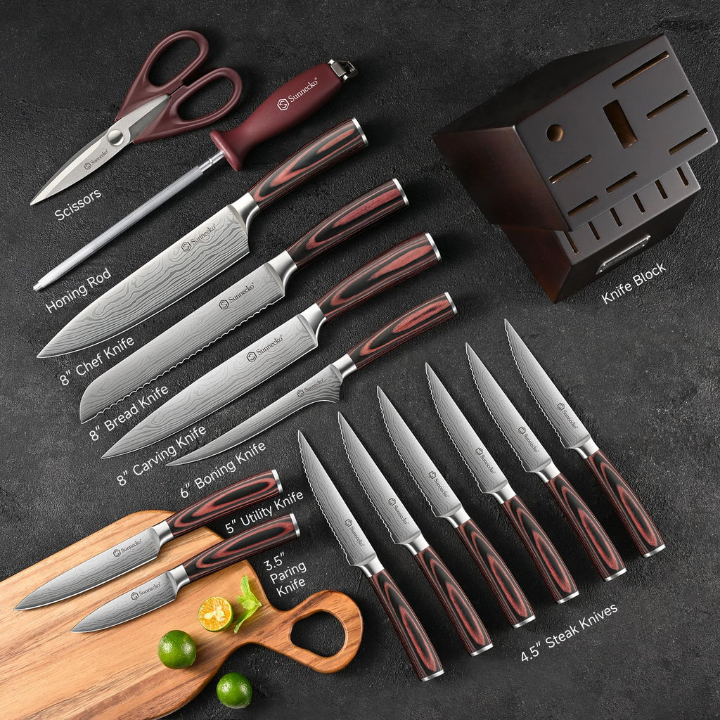 Sunnecko Knife Set with Block and Sharpener, 15 Piece Kitchen Knife Block Set Sharp Kitchen Knives High Carbon Stainless Steel with White Handles