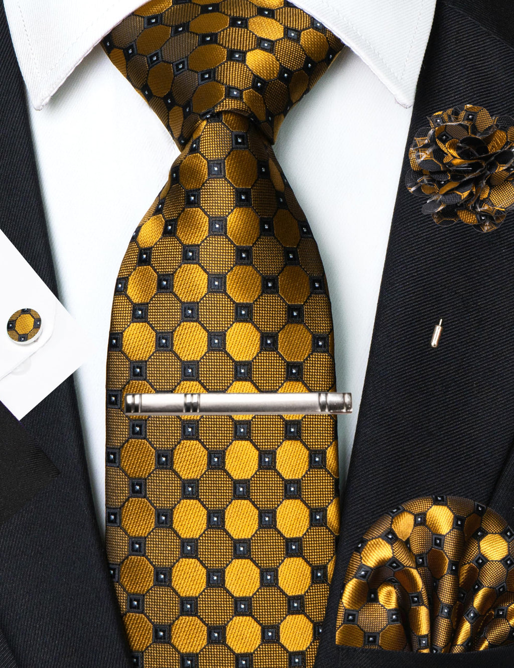 JEMYGINS Mens Tie and Pocket Square,Lapel Pin,Cufflinks,Tie Clip Sets with Gift Box 5PCS