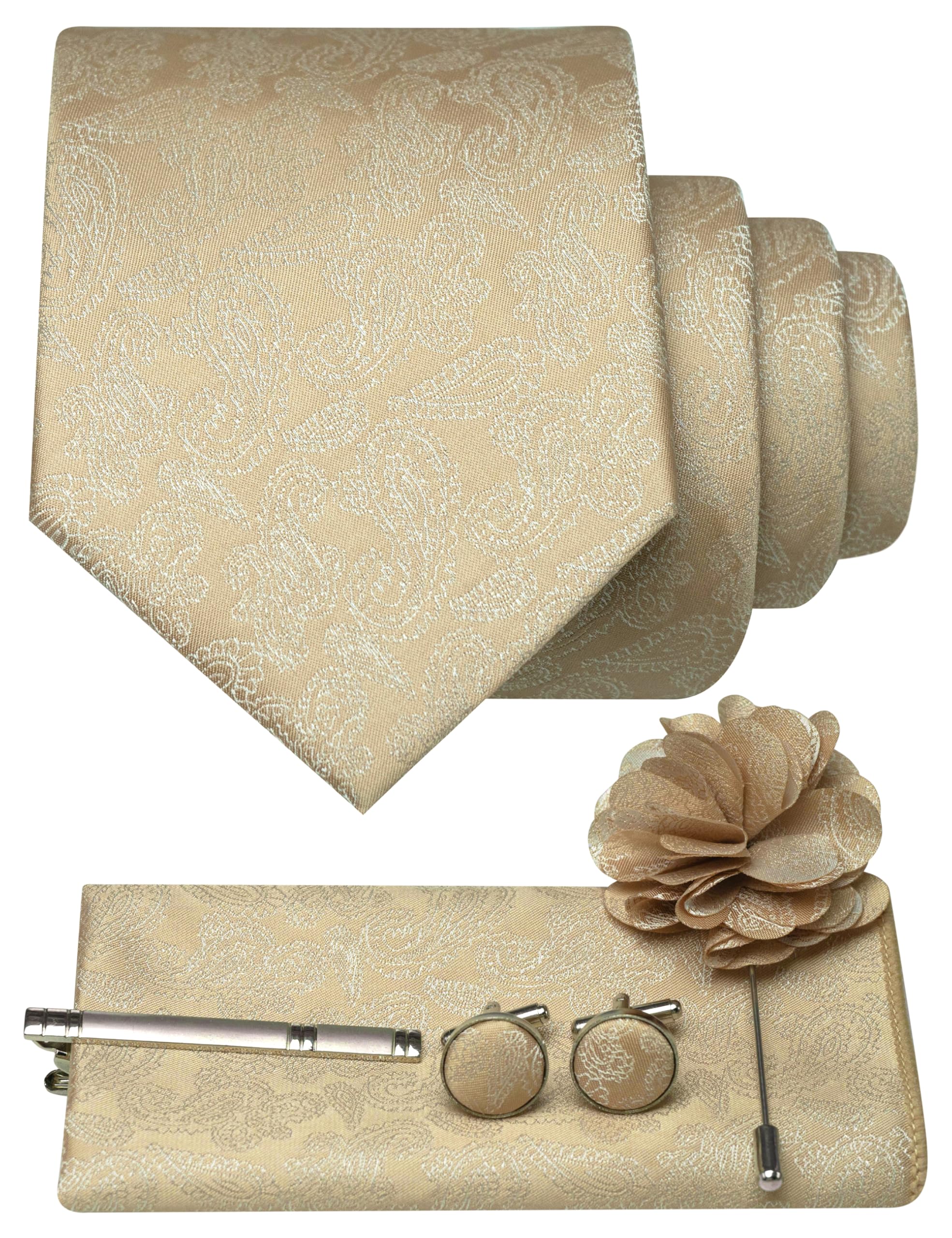 JEMYGINS Mens Tie and Pocket Square,Lapel Pin,Cufflinks,Tie Clip Sets with Gift Box 5PCS