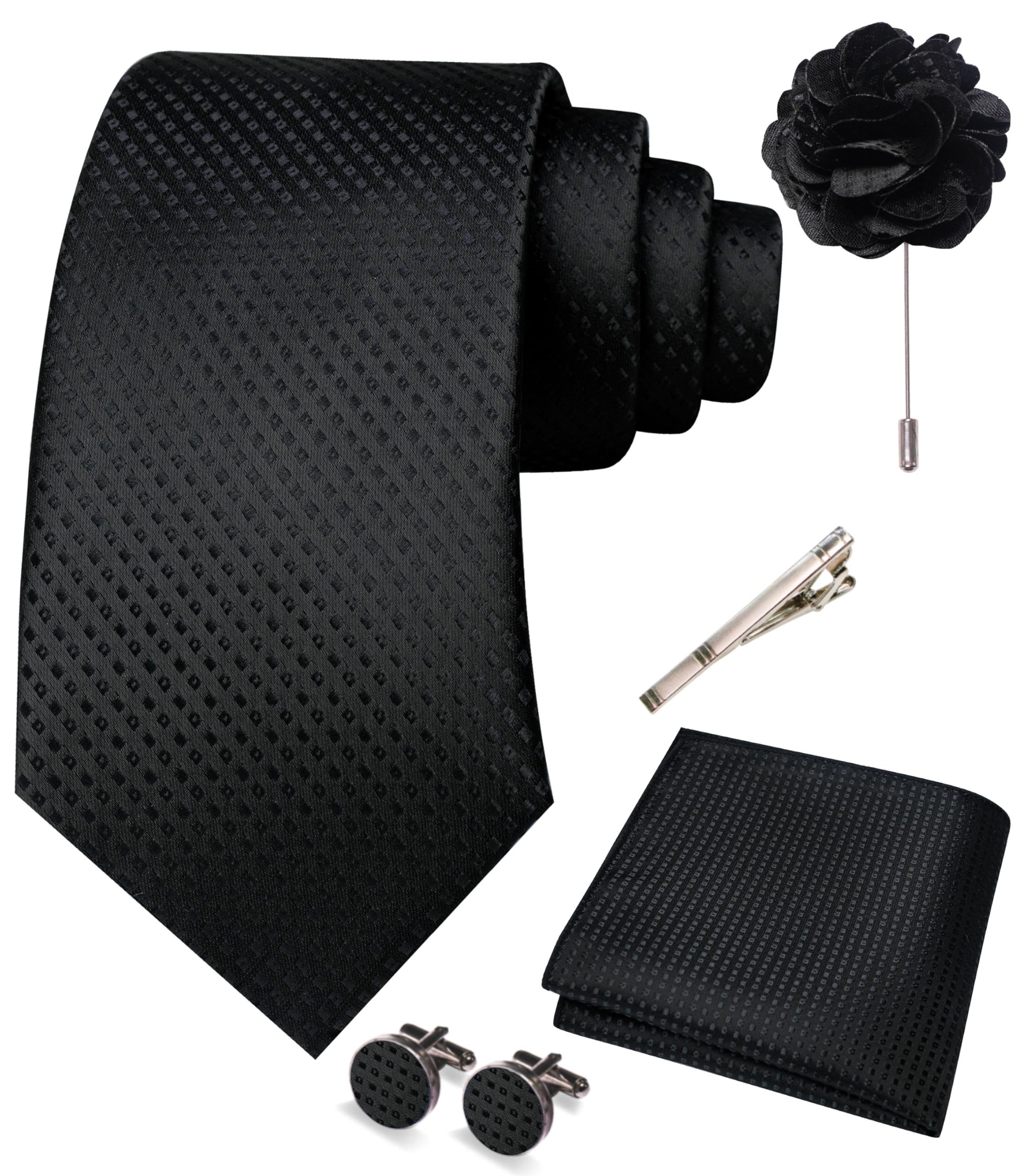 JEMYGINS Mens Tie and Pocket Square,Lapel Pin,Cufflinks,Tie Clip Sets with Gift Box 5PCS